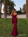 Burgundy Satin Off Shoulder Ruched Mermaid Wedding Guest Dress, PD13922