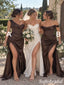 Mismatched Brown Soft Satin Pleated Floor Length Side Slit Mermaid Bridesmaid Gown, SFWG00649