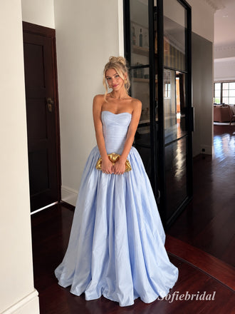 Light Blue Strapless Ruched Corset Satin A Line Prom Dress, PD13923