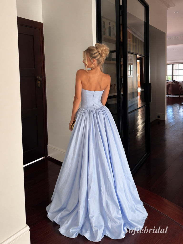Light Blue Strapless Ruched Corset Satin A Line Prom Dress, PD13923
