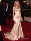Champagne Off Shoulder Ruffle Satin Mermaid Red Carpet Gown, PD13925