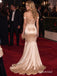 Champagne Off Shoulder Ruffle Satin Mermaid Red Carpet Gown, PD13925
