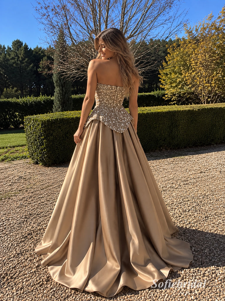 Champagne Strapless Sparkly Beaded Corset Satin Ball Gown, PD13926
