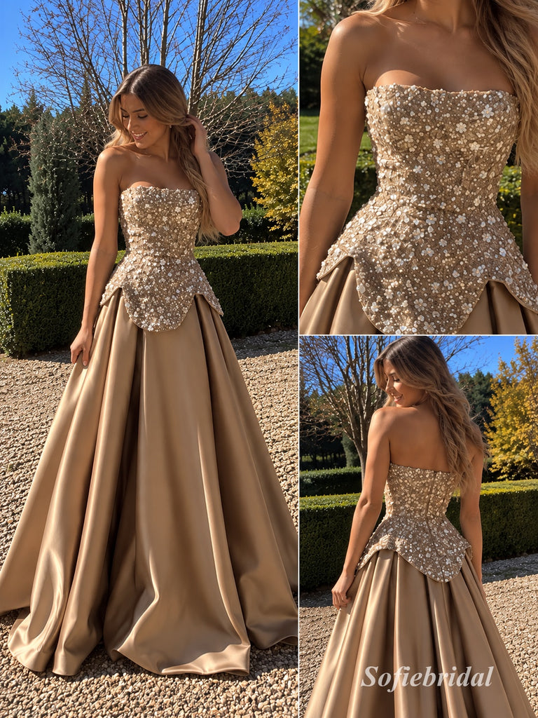 Champagne Strapless Sparkly Beaded Corset Satin Ball Gown, PD13926