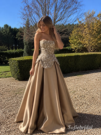 Champagne Strapless Sparkly Beaded Corset Satin Ball Gown, PD13926
