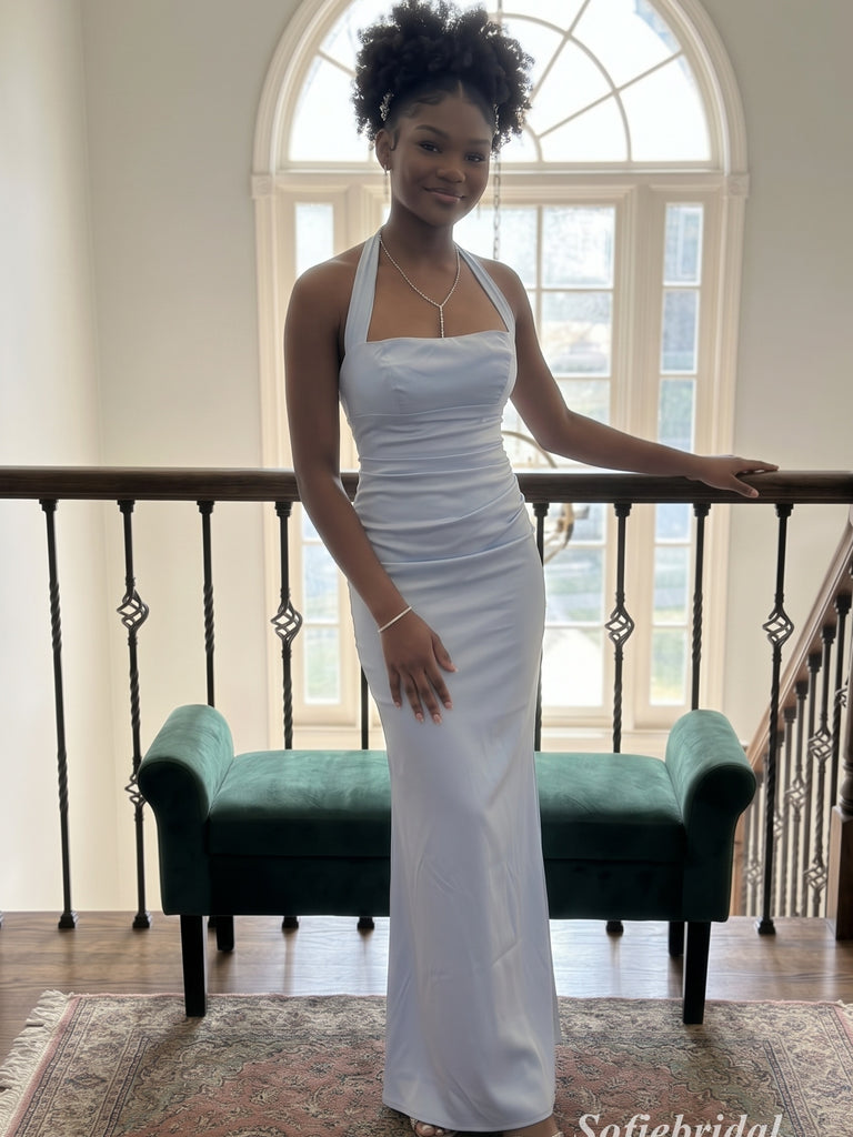 Light Blue Satin Halter Backless Mermaid Maxi Prom Dress, PD13919