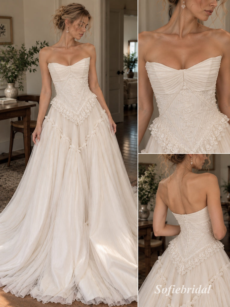 Strapless Pleated Lace Tulle Wedding Dress, Corset Bodice Tiered A-Line Bridal Gown, SFWD0125