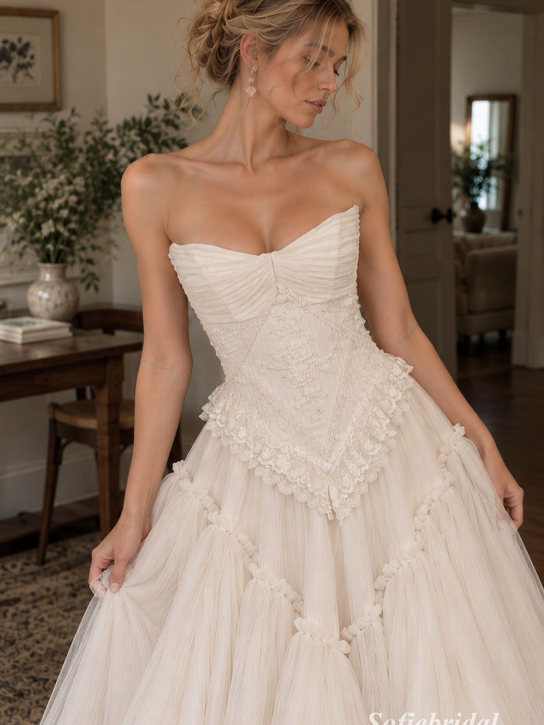 Strapless Pleated Lace Tulle Wedding Dress, Corset Bodice Tiered A-Line Bridal Gown, SFWD0125