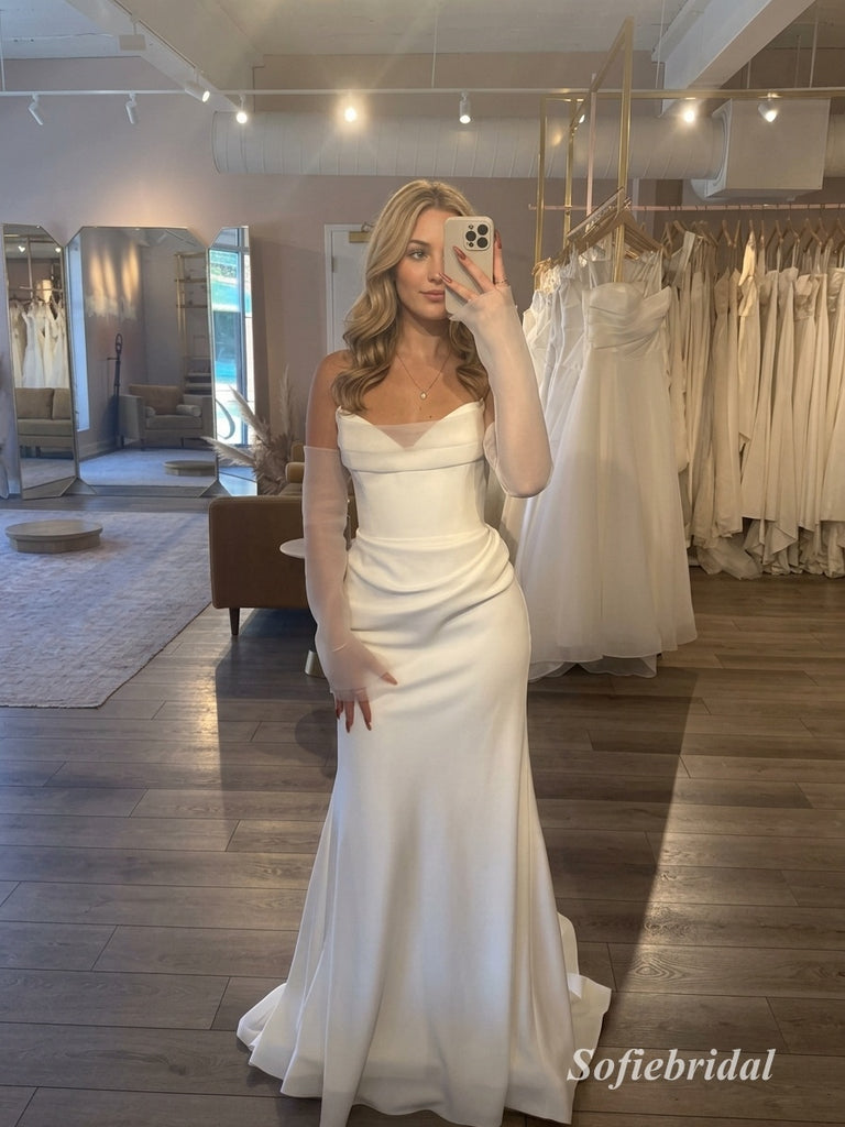 Strapless Satin Mermaid Wedding Dress, Corset Bodice with Detachable Sheer Tulle Gloves Bridal Gown, SFWD0126