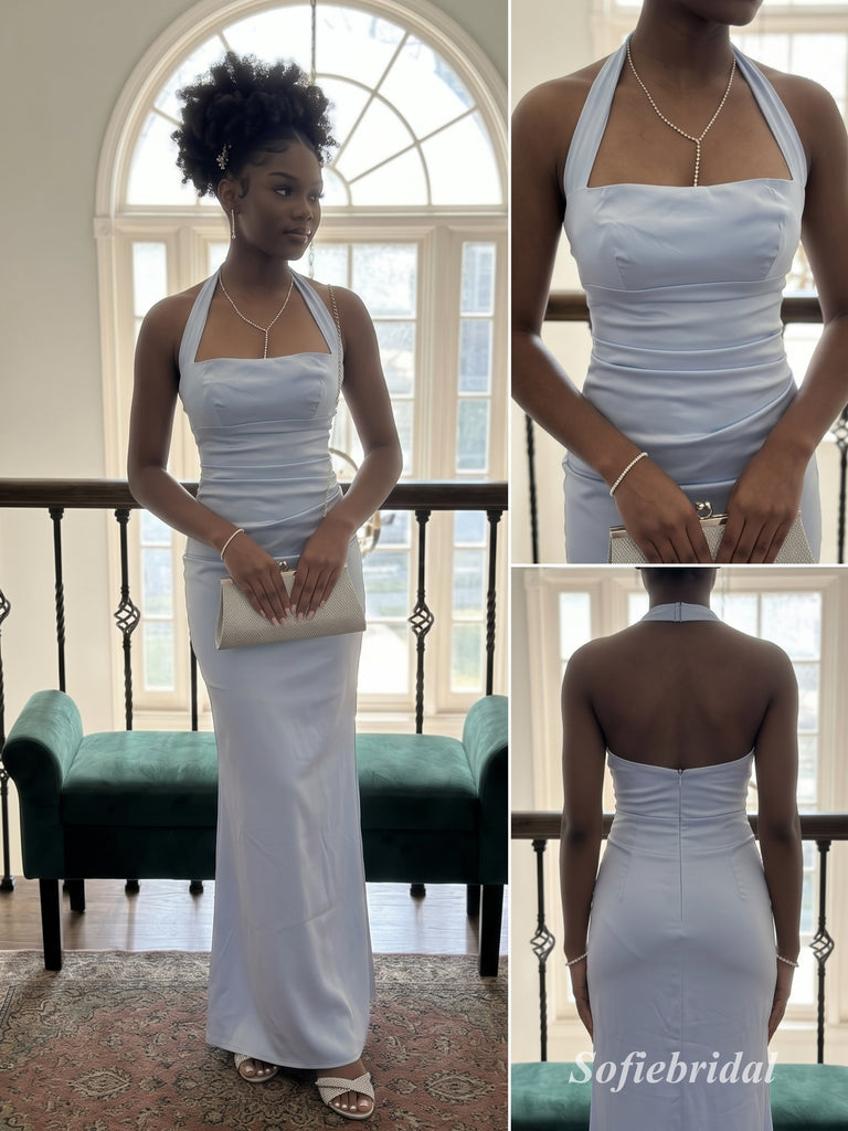Light Blue Satin Halter Backless Mermaid Maxi Prom Dress, PD13919