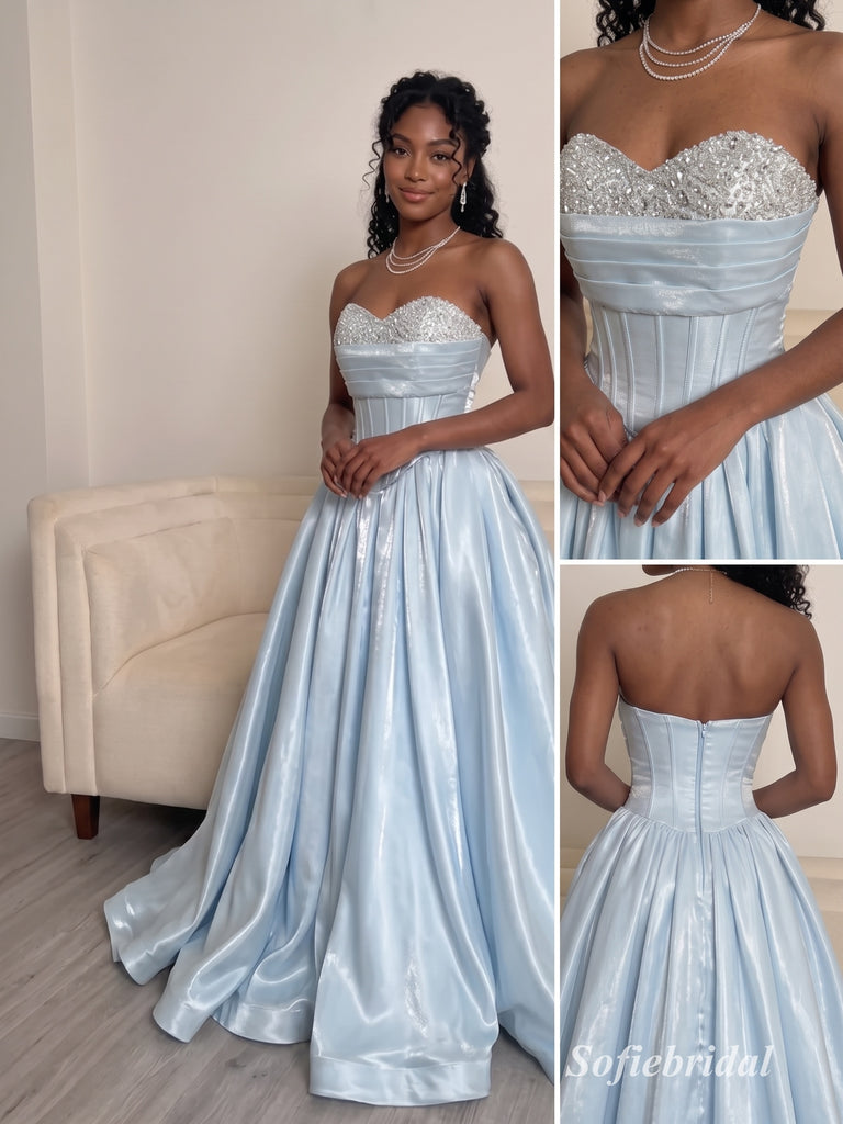 Light Blue Strapless Beaded Corset Satin Ball Gown Prom Dress, PD13920