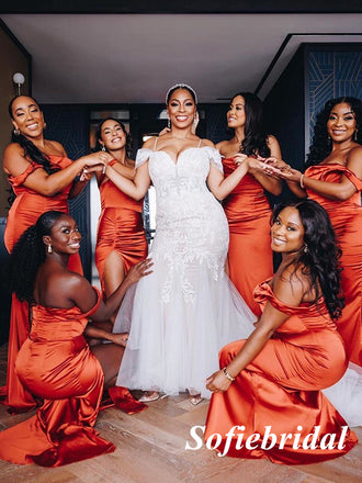 Sexy Soft Satin Off Shoulder Sleeveless Side Slit Mermaid Floor Length Bridesmaid Dresses, SFWG00510