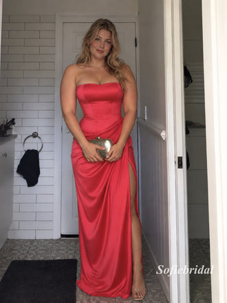 Fuchsia Strapless Draped Slit Satin Gown, Sweetheart Ruched Formal Prom Dress, PD13953