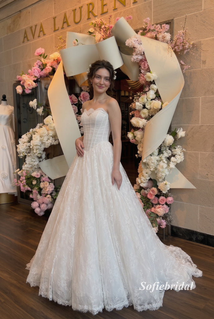 Strapless Sweetheart Lace Corset A-Line Wedding Dress, Allover Floral Lace Bridal Gown, SFWD0147