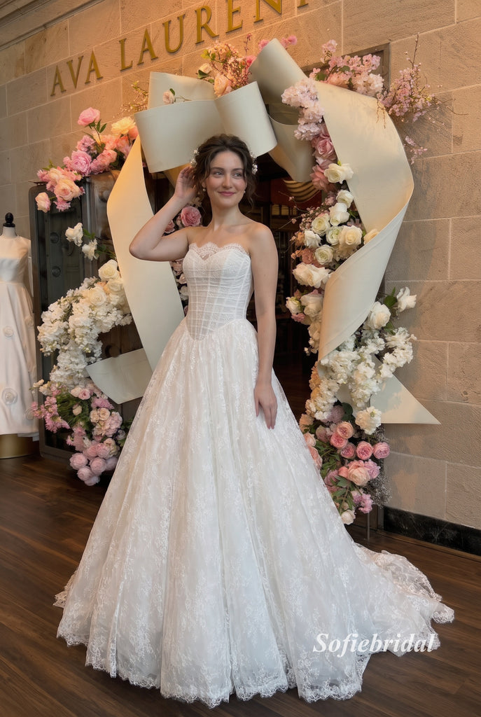 Strapless Sweetheart Lace Corset A-Line Wedding Dress, Allover Floral Lace Bridal Gown, SFWD0147