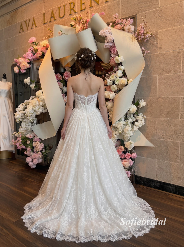 Strapless Sweetheart Lace Corset A-Line Wedding Dress, Allover Floral Lace Bridal Gown, SFWD0147