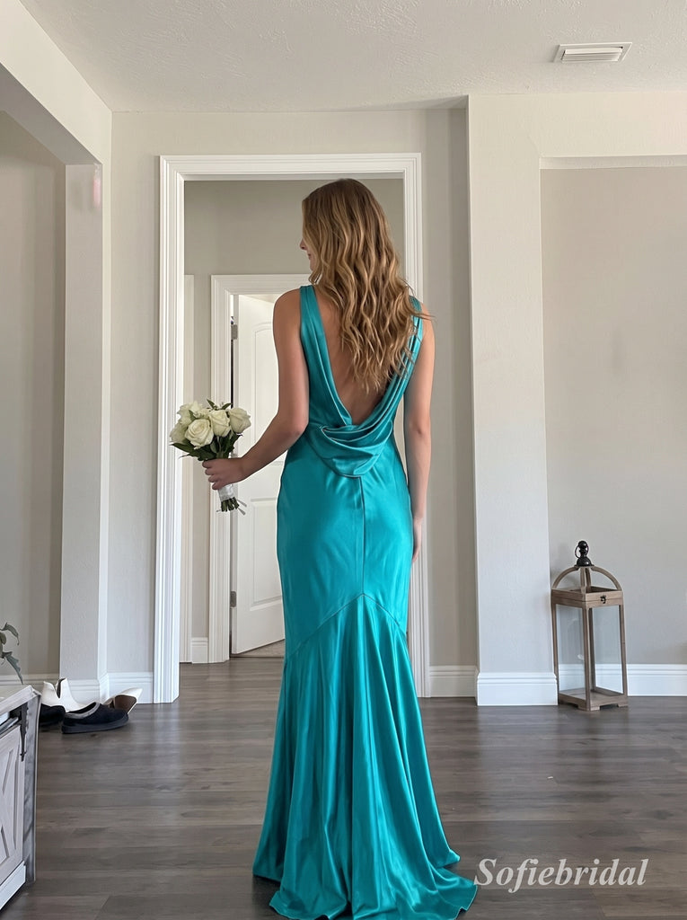 Turquoise V-Neck Satin Mermaid Dress, Sleek Floor Length Evening Gown,PD13890