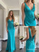 Turquoise V-Neck Satin Mermaid Dress, Sleek Floor Length Evening Gown,PD13890
