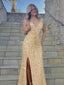 Shiny Gold Sequin Beaded Mermaid Prom Dress with Slit and Open Back, PD01211