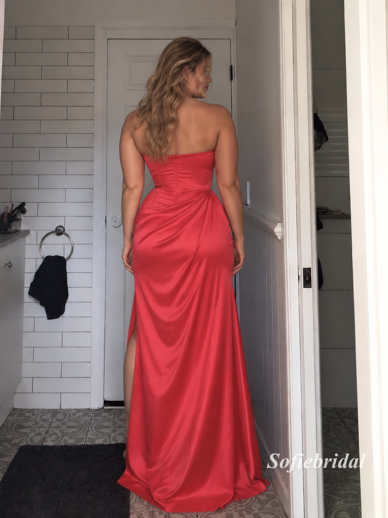 Fuchsia Strapless Draped Slit Satin Gown, Sweetheart Ruched Formal Prom Dress, PD13953