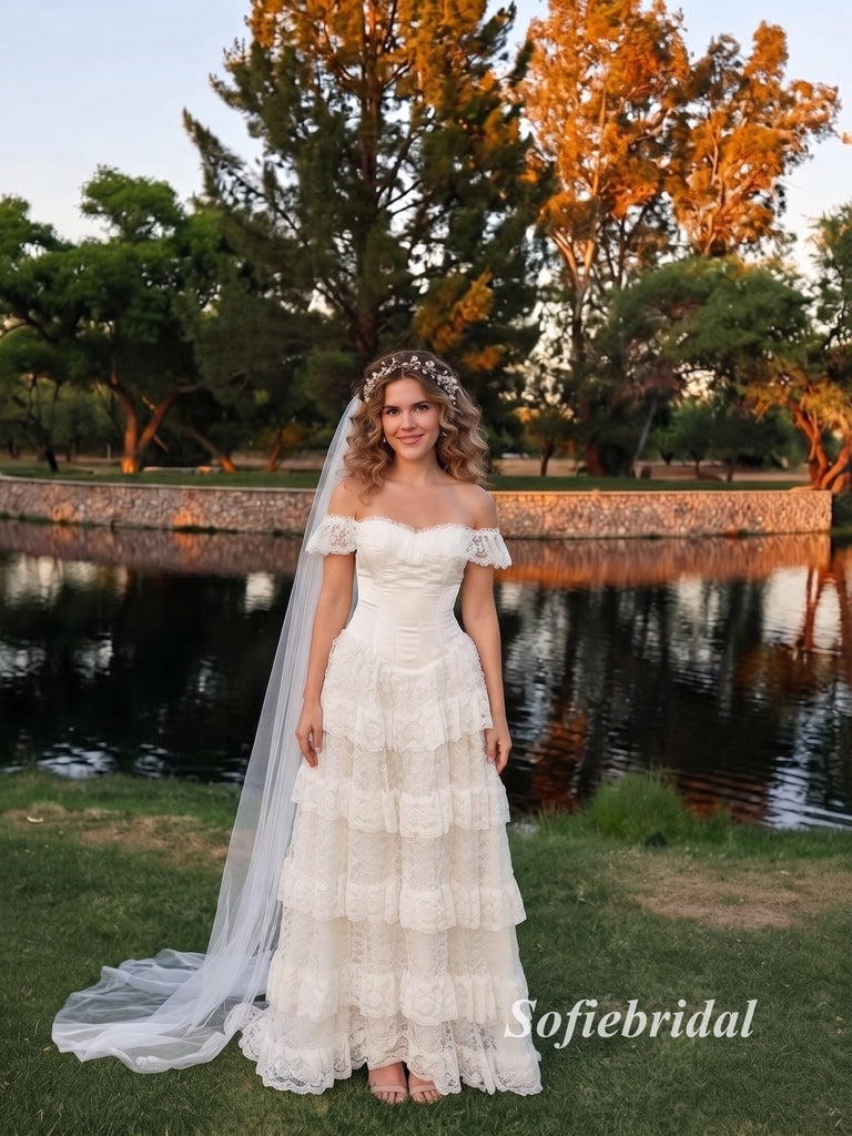 Off Shoulder Sweetheart Tiered Lace Wedding Dress, Short Ruffled Lace Sleeve Corset Bridal Gown, SFWD0148