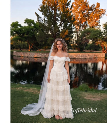 Off Shoulder Sweetheart Tiered Lace Wedding Dress, Short Ruffled Lace Sleeve Corset Bridal Gown, SFWD0148