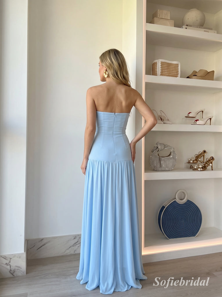 Light Blue Strapless Chiffon High Slit Evening Dress, Tube Top Flowy Floor Length Prom Gown,PD13891