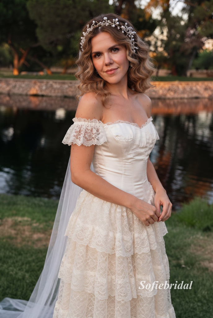Off Shoulder Sweetheart Tiered Lace Wedding Dress, Short Ruffled Lace Sleeve Corset Bridal Gown, SFWD0148