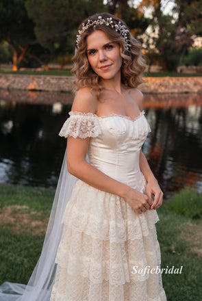 Off Shoulder Sweetheart Tiered Lace Wedding Dress, Short Ruffled Lace Sleeve Corset Bridal Gown, SFWD0148