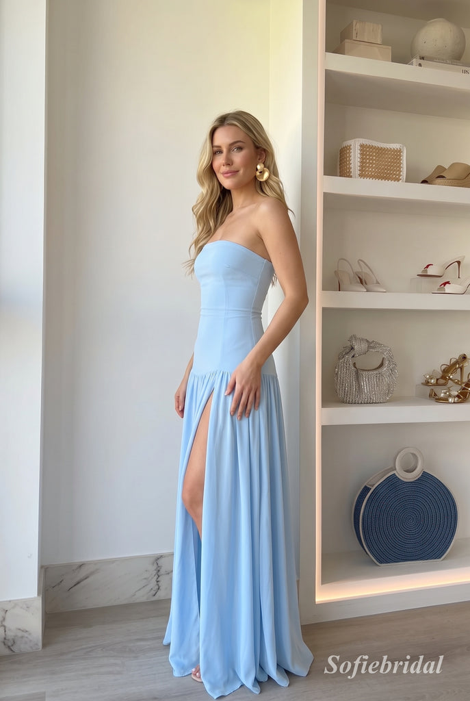 Light Blue Strapless Chiffon High Slit Evening Dress, Tube Top Flowy Floor Length Prom Gown,PD13891