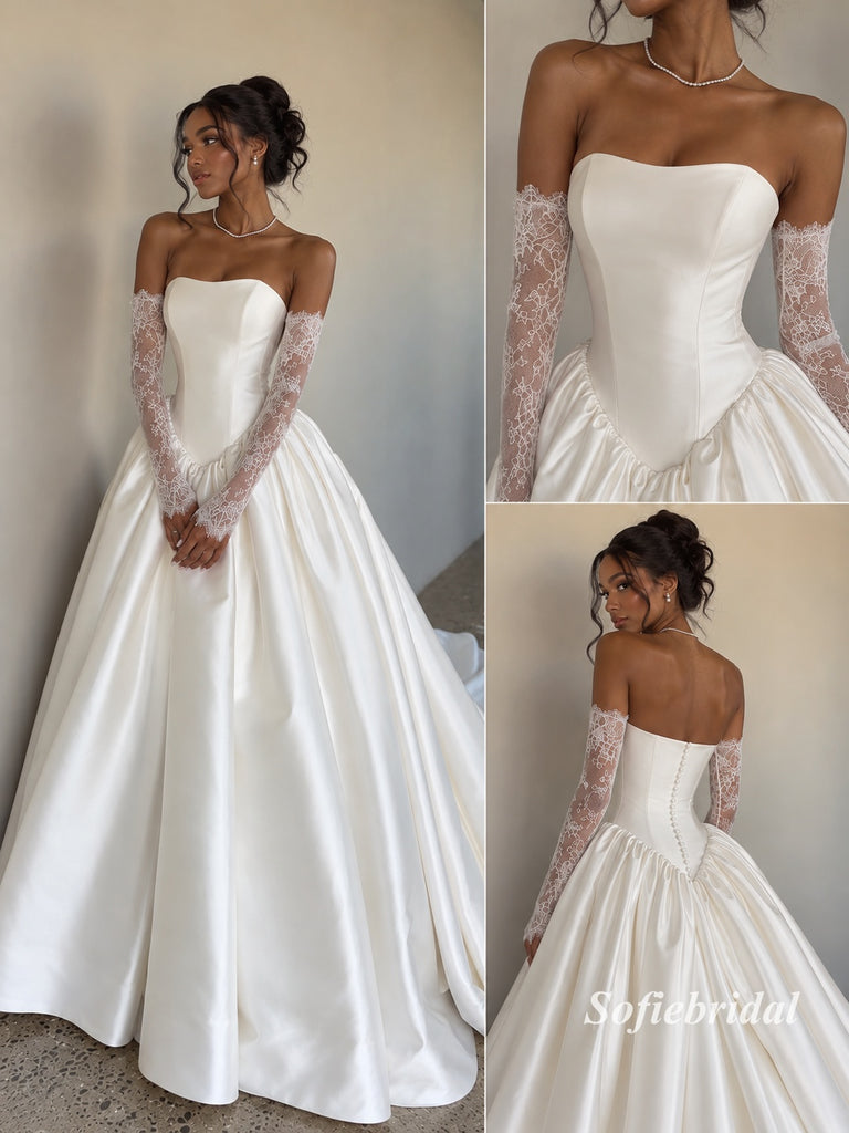 Strapless Square Neck Satin Ballgown Wedding Dress, Detachable Lace Long Sleeve Bridal Gown, SFWD0127