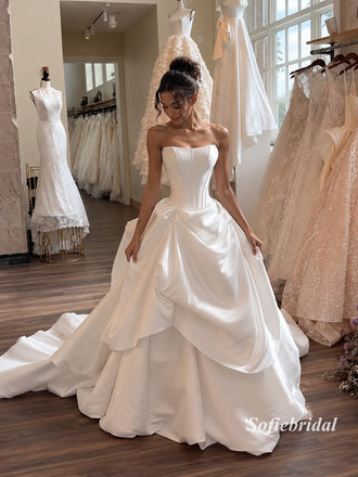 Square Neck Corset Satin Ballgown Wedding Dress, Bow Draped Tiered Bridal Gown with Train, SFWD0128