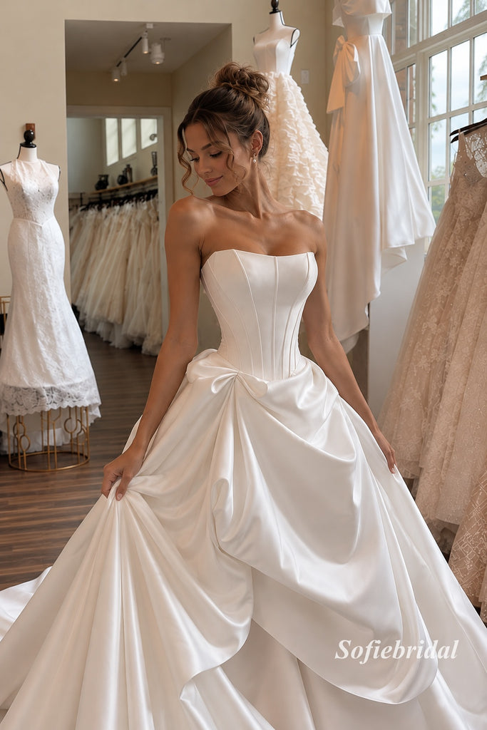 Square Neck Corset Satin Ballgown Wedding Dress, Bow Draped Tiered Bridal Gown with Train, SFWD0128