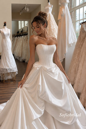 Square Neck Corset Satin Ballgown Wedding Dress, Bow Draped Tiered Bridal Gown with Train, SFWD0128