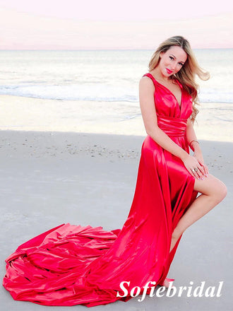 Sexy Red Soft Satin Spaghetti Straps V-Neck Sleeveless Mermaid Long Prom Dresses, PD0992