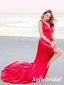 Sexy Red Soft Satin Spaghetti Straps V-Neck Sleeveless Mermaid Long Prom Dresses, PD0992