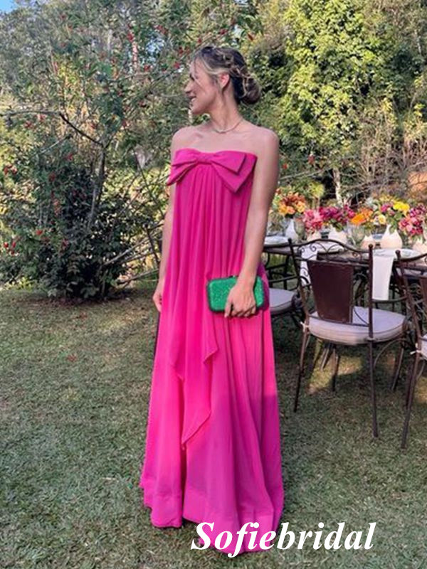 Hot Pink Strapless Bow Maxi Dress | Wedding Guest Formal Evening Gown, PD01248