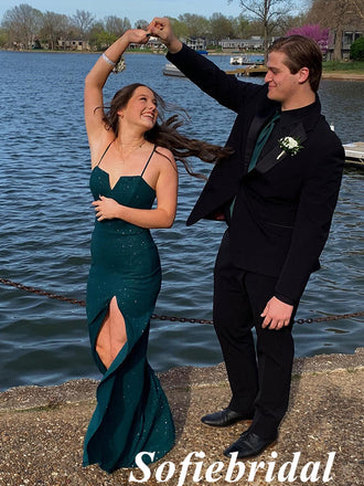 Sexy Shiny Spaghetti Straps Sleeveless Side Slit Mermaid Floor Length Prom Dress, PD01087