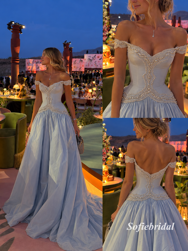 Light Blue Off Shoulder Beaded Corset Ballgown Prom Dress, Pearl Embellished Formal Evening Gown, PD13954