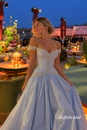 Light Blue Off Shoulder Beaded Corset Ballgown Prom Dress, Pearl Embellished Formal Evening Gown, PD13954