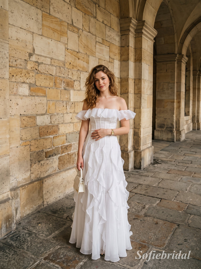 White Off The Shoulder Ruffle Chiffon A Line Dress, Corset Floor Length Formal Gown,PD13893