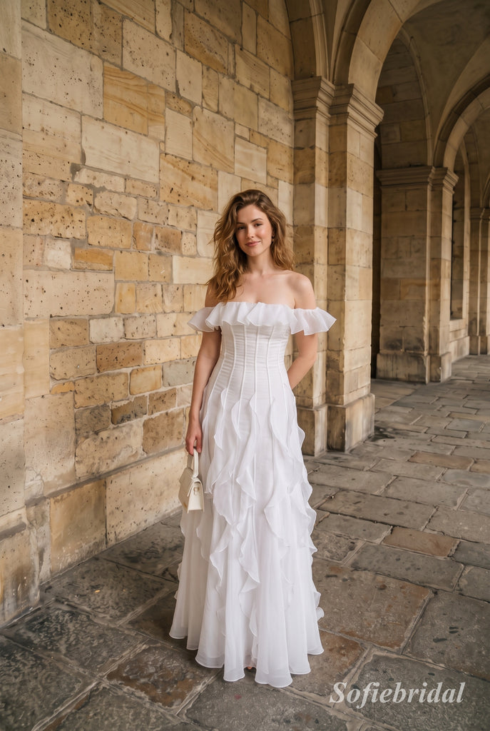 White Off The Shoulder Ruffle Chiffon A Line Dress, Corset Floor Length Formal Gown,PD13893