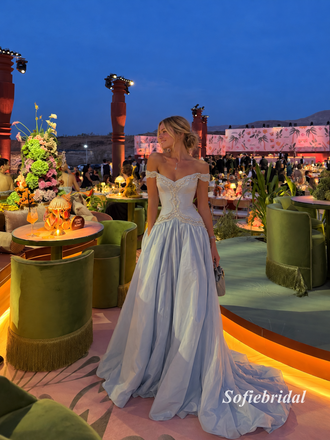 Light Blue Off Shoulder Beaded Corset Ballgown Prom Dress, Pearl Embellished Formal Evening Gown, PD13954