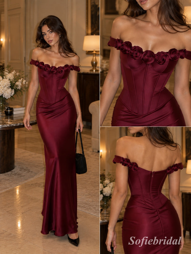Burgundy Off Shoulder 3D Floral Satin Mermaid Dress, Fitted Floor Length Formal Gown,PD13894