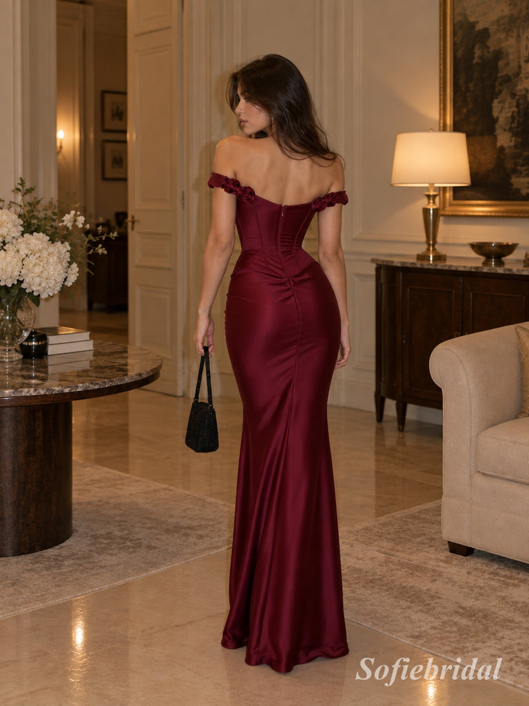 Burgundy Off Shoulder 3D Floral Satin Mermaid Dress, Fitted Floor Length Formal Gown,PD13894