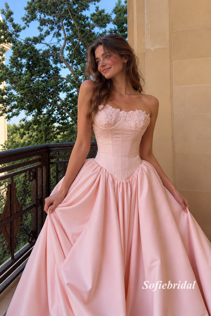 Blush Pink Strapless Lace Corset Ballgown Prom Dress, Appliqued Formal Evening Gown, PD13955