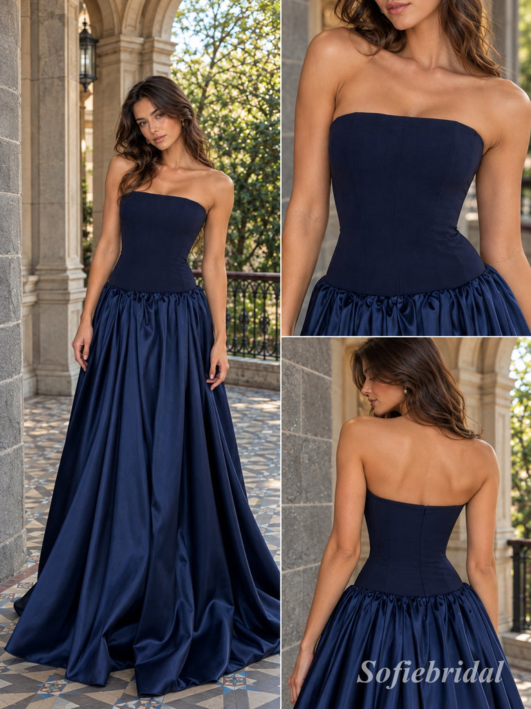 Navy Strapless Satin Ball Gown Dress, Corset Floor Length Formal Gown,PD13895
