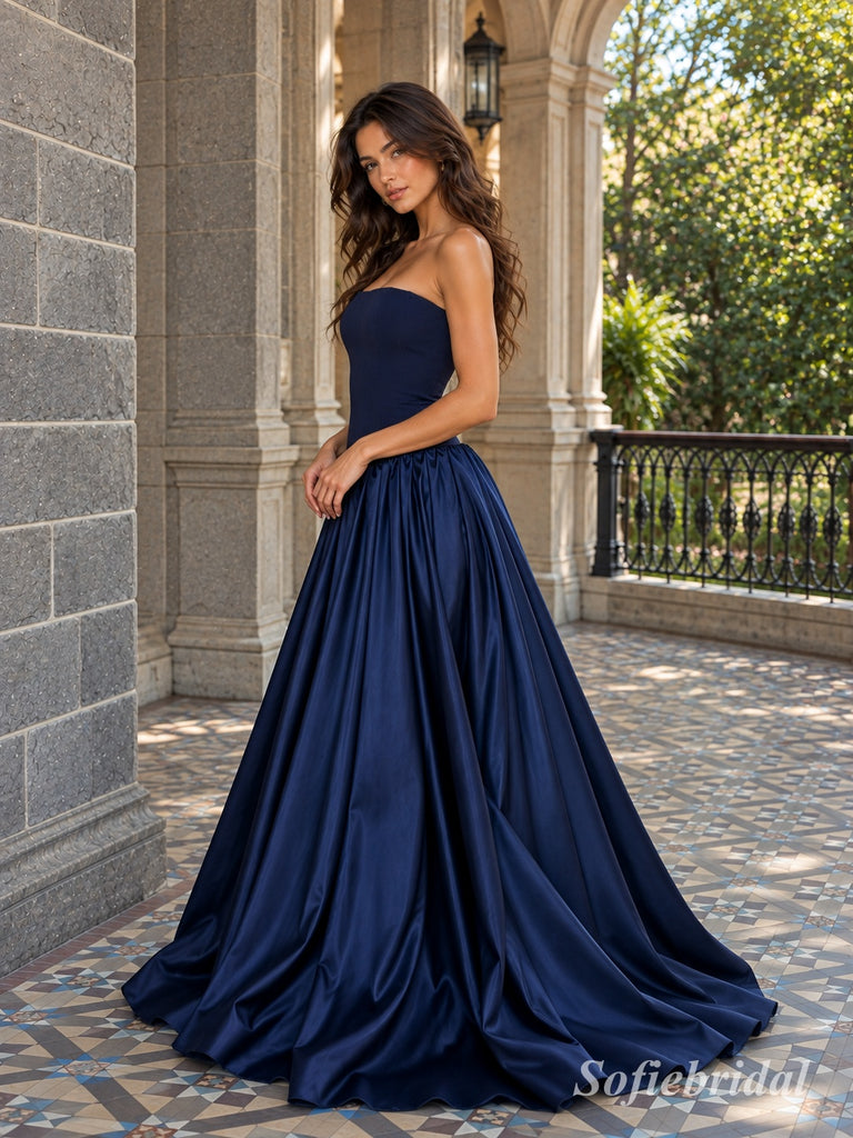 Navy Strapless Satin Ball Gown Dress, Corset Floor Length Formal Gown,PD13895