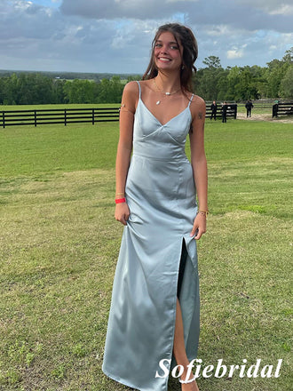 Sexy Soft Satin Spaghetti Straps V-Neck Sleeveless Side Slit Mermaid Floor Length Prom Dress, PD01093
