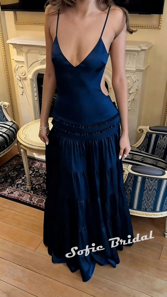 Sexy Soft Satin Spaghetti Straps Sleeveless A-Line Maxi Prom Dress, PD01168
